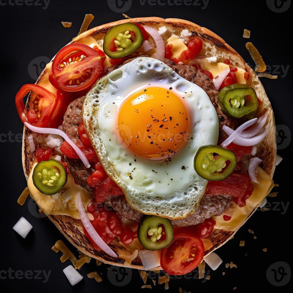 a plate of pizza with an egg and sliced tomatoes photo