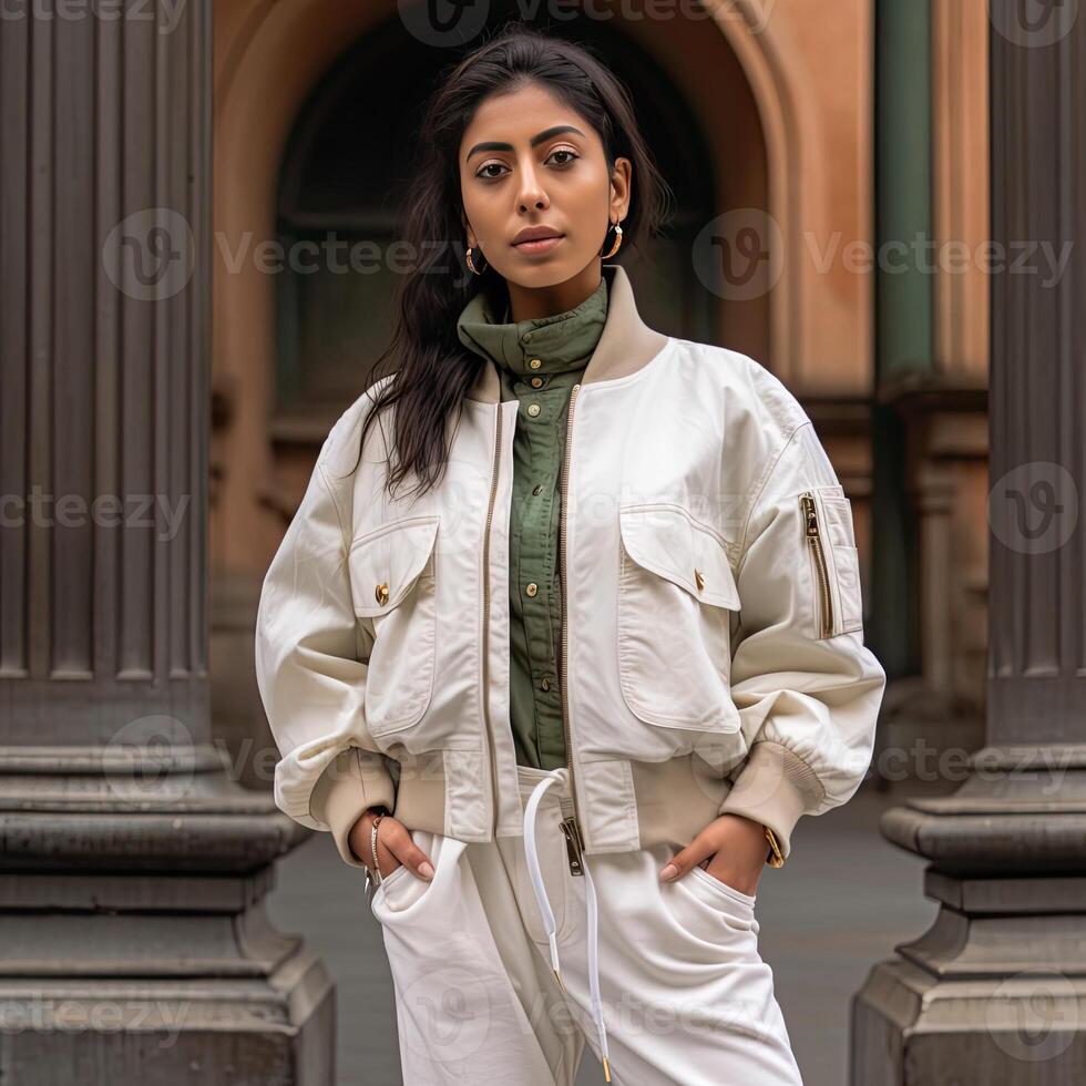 a woman in white is standing outside photo