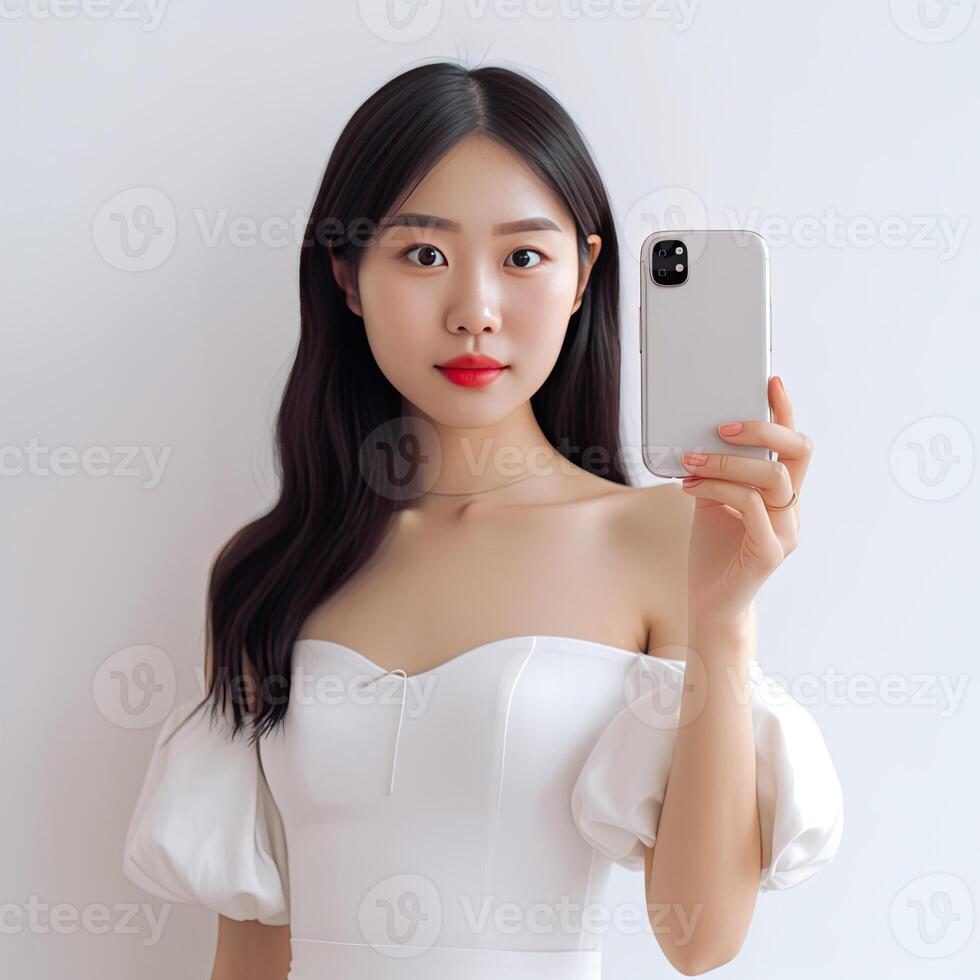 a woman holding up cell phone in her hand and wearing white dress photo