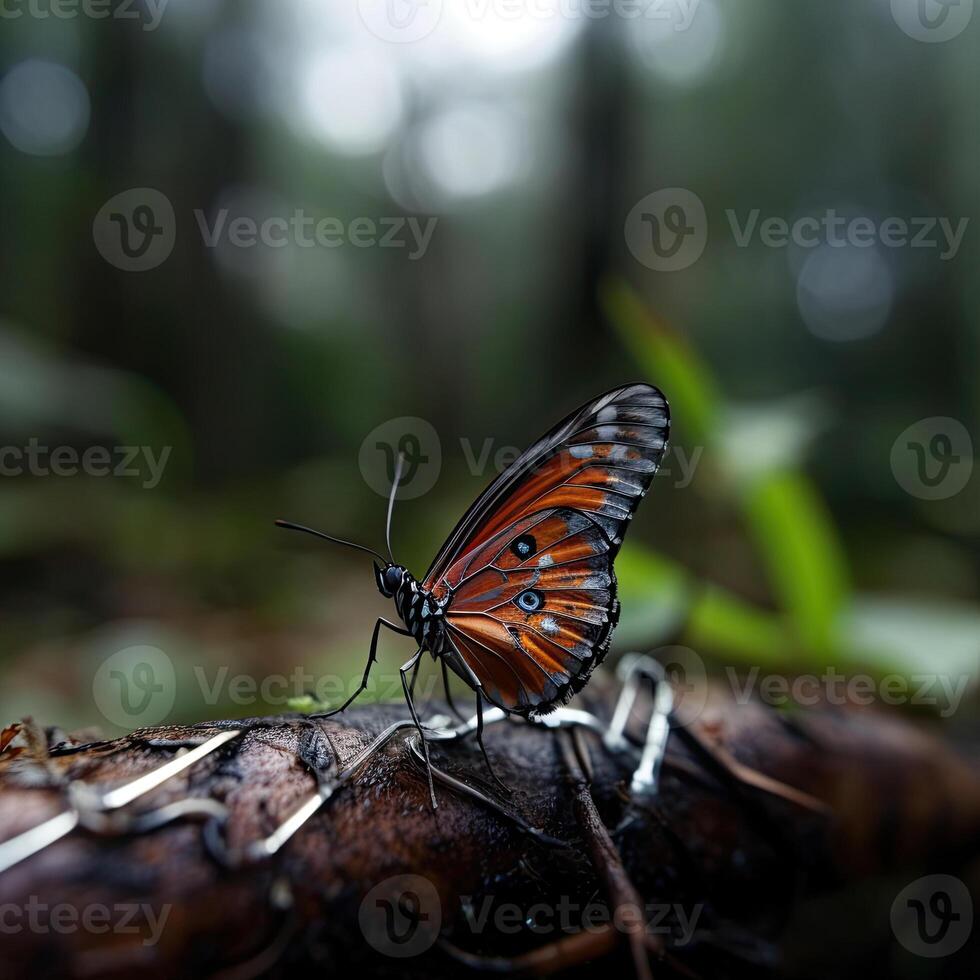 a butterfly sitting on branch in the woods with grass and trees background AI Generative photo