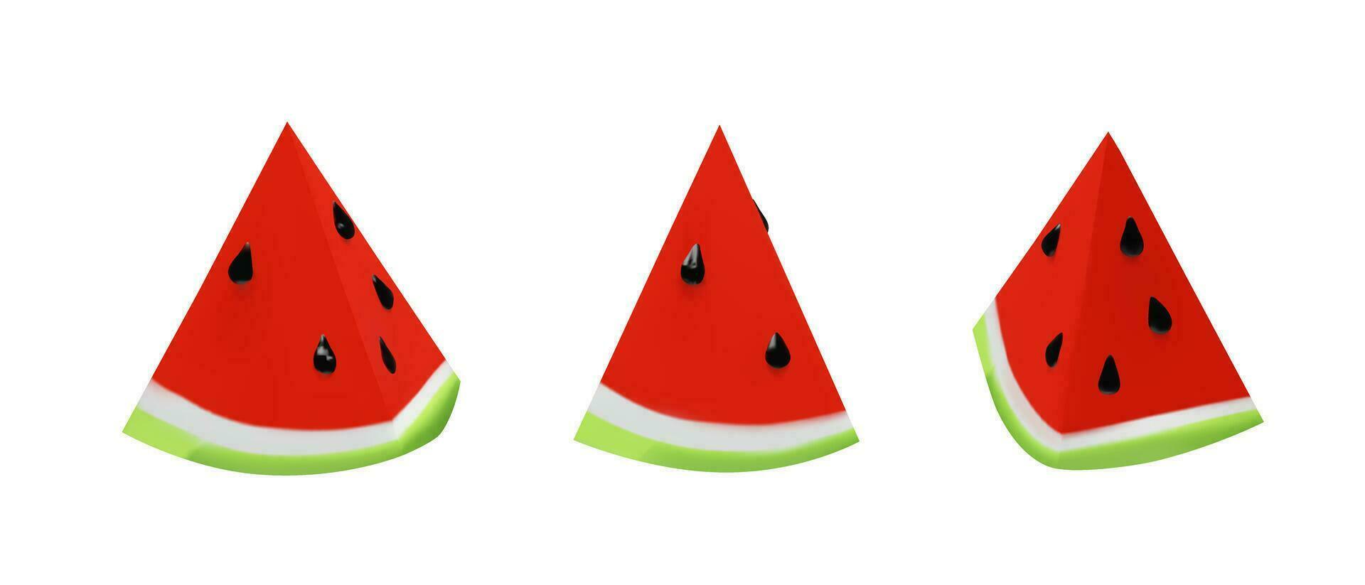 Set 3D render of small slice watermelon. Realistic healthy berry. Vector illustration in clay style. Fresh summer harvest for vegetarian. Juicy fresh snack farmer food. Tasty natural nutrition part.