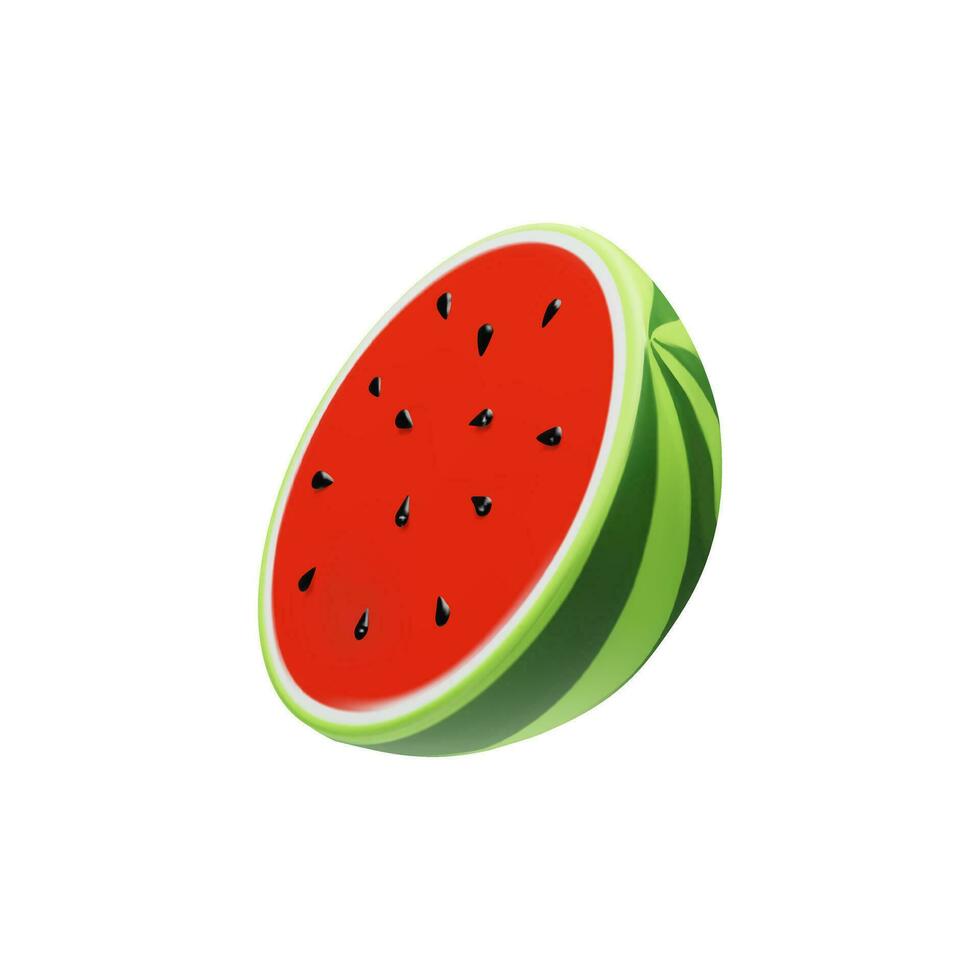3D render half of watermelon. Realistic healthy berry. Vector illustration in clay style. Sweet ripe organic food for vegetarian. Juicy fresh snack in summer season. Tasty nutrition huge slice