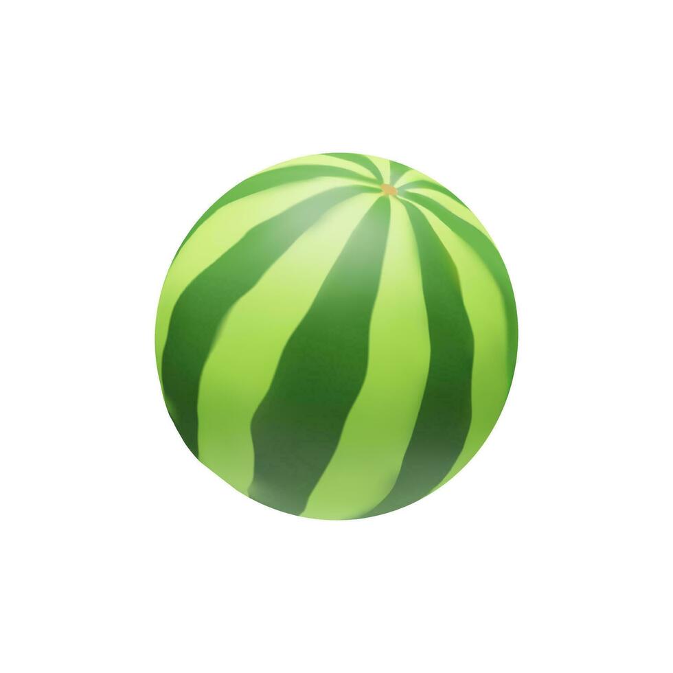 3D render watermelon. Realistic healthy berry. Vector illustration in clay style. Sweet ripe organic food for vegetarian. Juicy fresh snack in summer season. Tasty nutrition object in plastic style