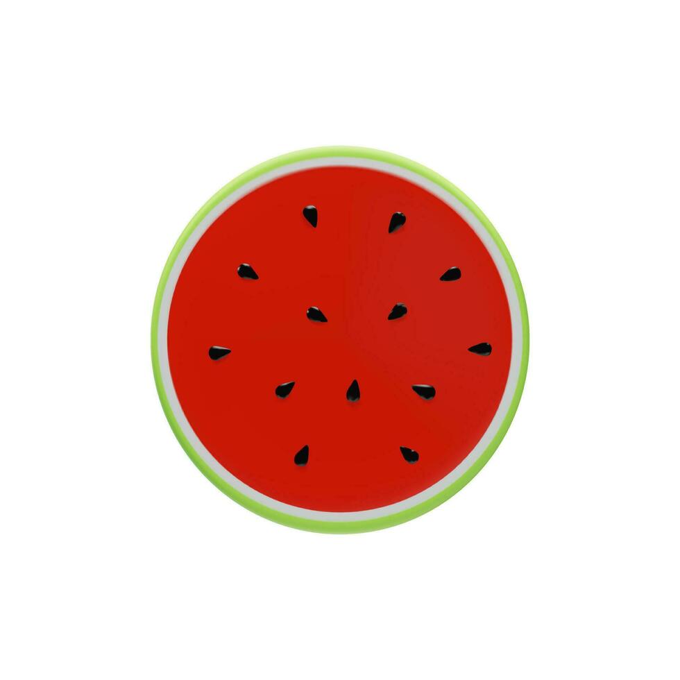 3D render half of watermelon front. Realistic healthy berry. Vector illustration in clay style. Sweet ripe organic food for vegetarian. Juicy fresh snack in summer season. Tasty nutrition huge slice