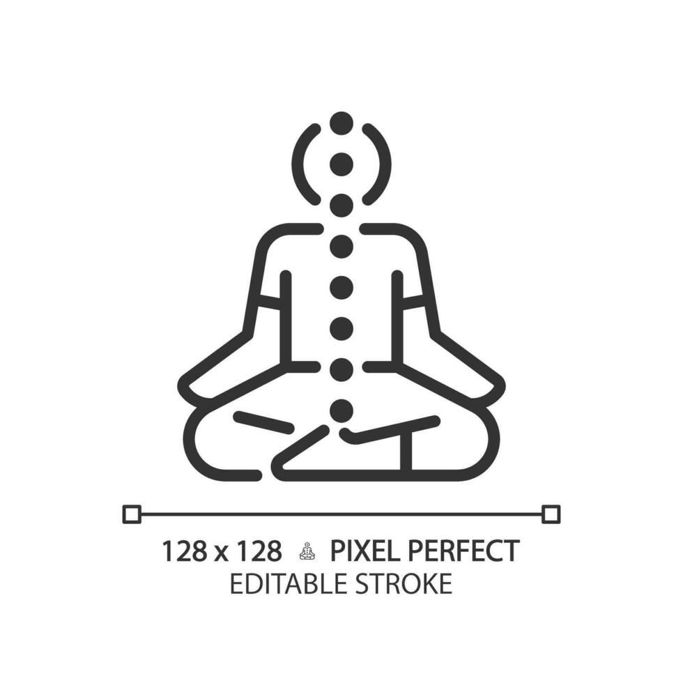 2D pixel perfect editable black meditating icon, isolated vector, meditation thin line illustration. vector