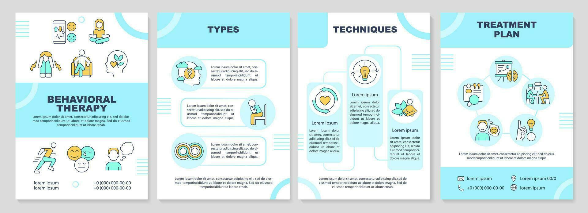 2D behavioral therapy brochure template, leaflet design with thin line icons, 4 vector layouts.