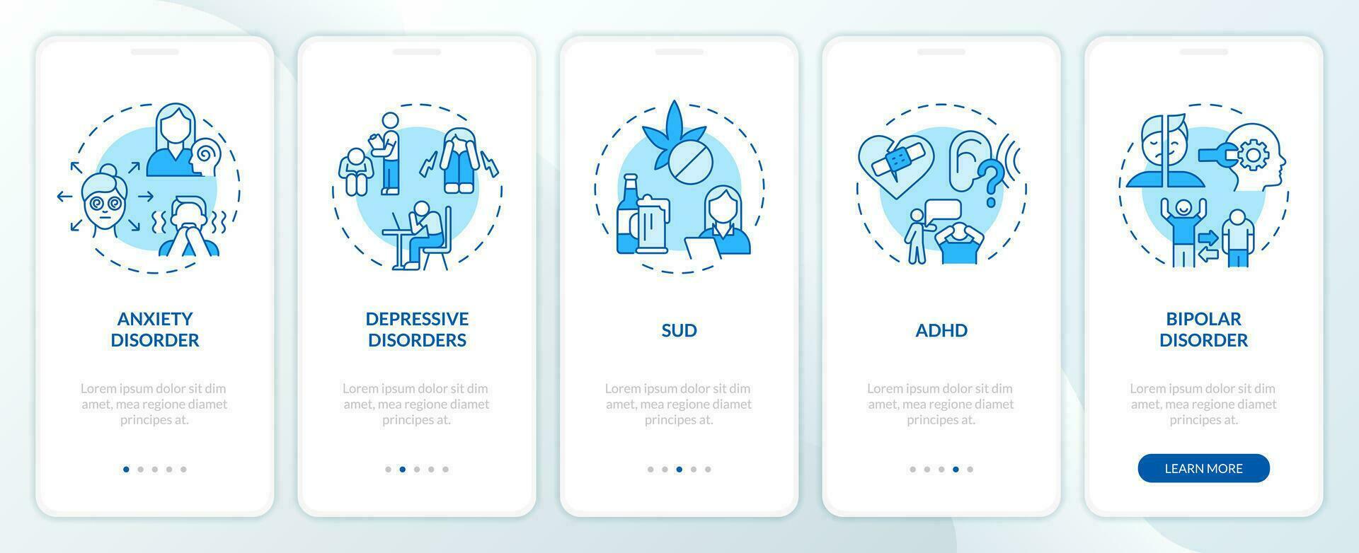 2D icons representing behavioral therapy mobile app screen set. Walkthrough 5 steps blue graphic instructions with linear icons concept, UI, UX, GUI template. vector