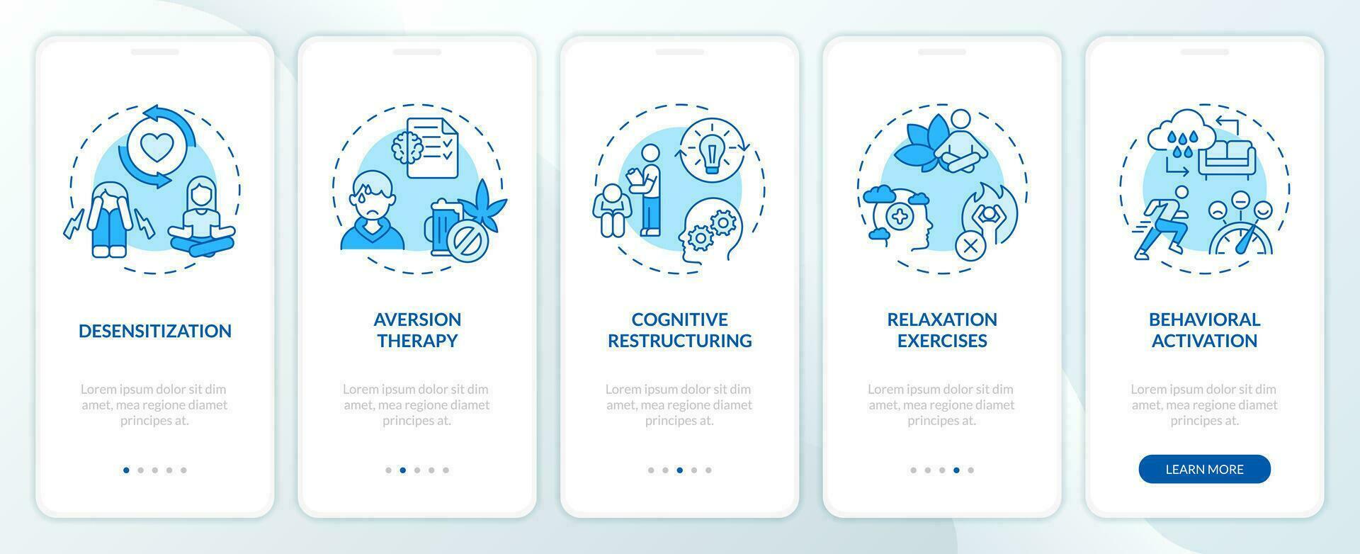 2D icons representing behavioral therapy mobile app screen set. Walkthrough 5 steps blue graphic instructions with thin line icons concept, UI, UX, GUI template. vector