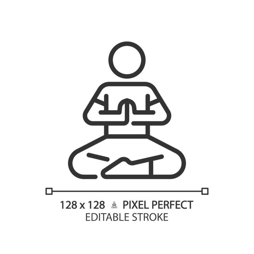 2D pixel perfect editable black prayer pose icon, isolated vector, meditation thin line illustration. vector