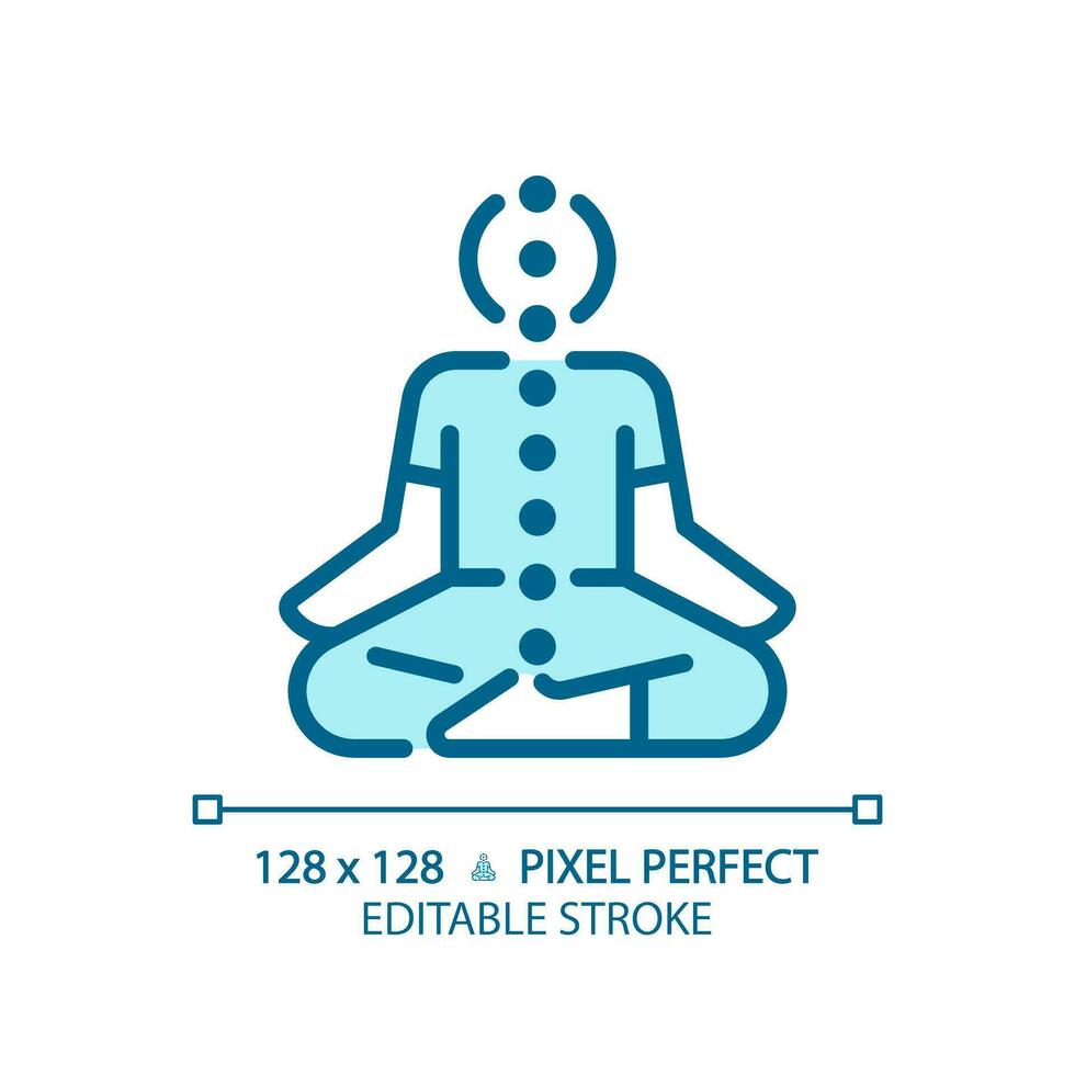 2D pixel perfect editable blue meditating icon, isolated vector, meditation thin line illustration. vector