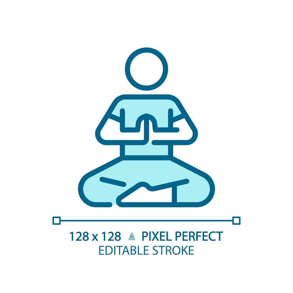 2D pixel perfect editable blue prayer pose icon, isolated vector, meditation thin line illustration. vector