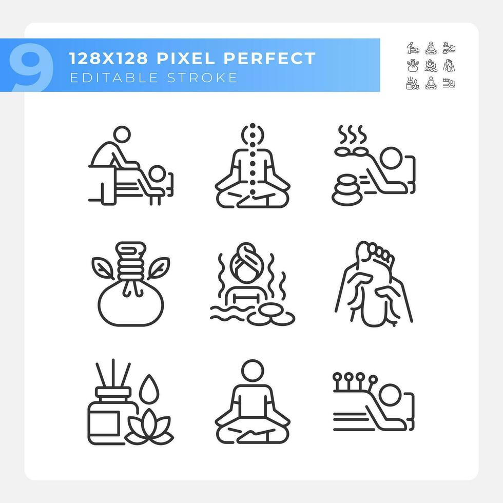 Pixel perfect icons set representing meditation, editable black thin line wellness illustration. vector