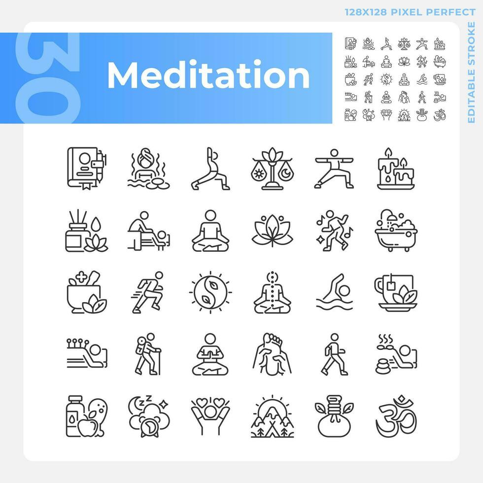 Pixel perfect black icons set representing meditation, editable thin line wellness illustration. vector