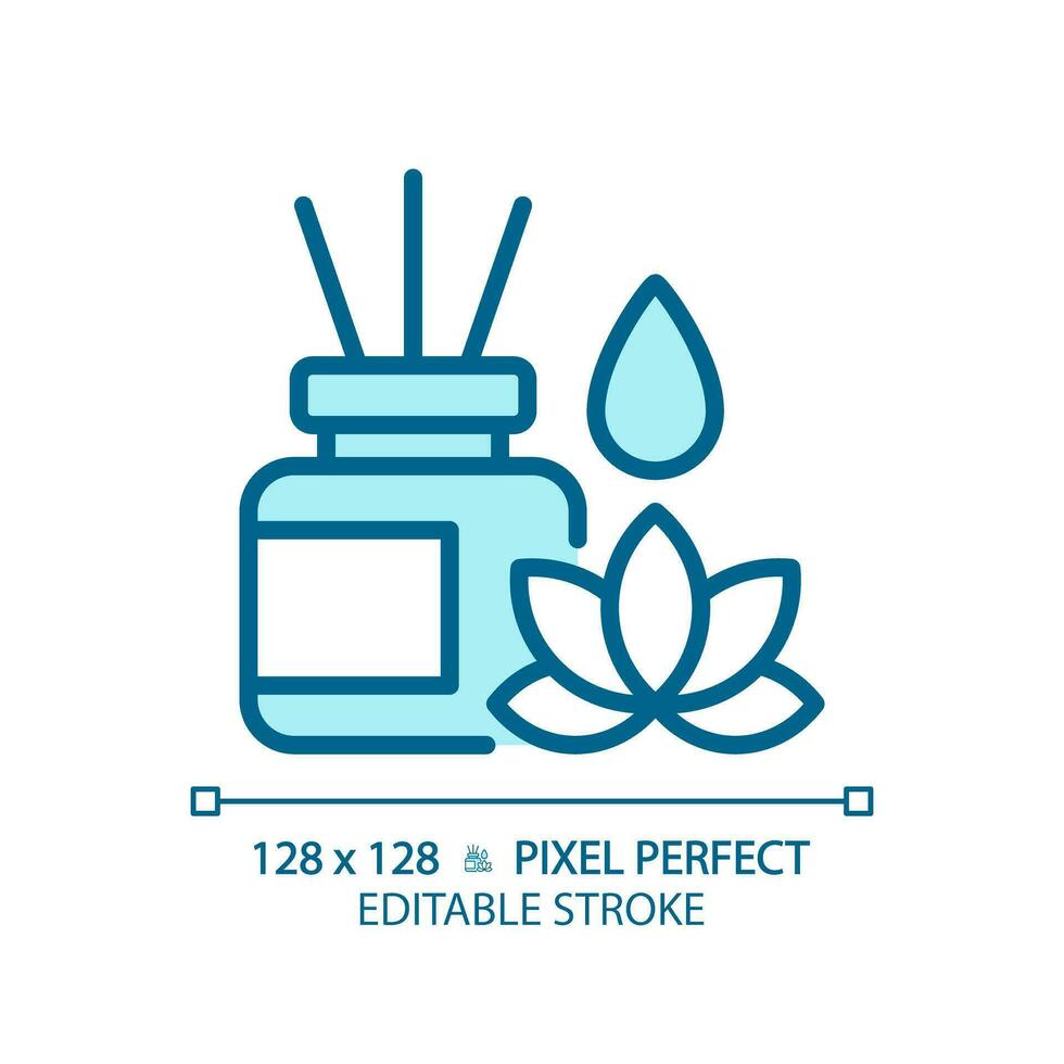 2D pixel perfect editable blue incense sticks and lotus icon, isolated vector, meditation thin line illustration. vector