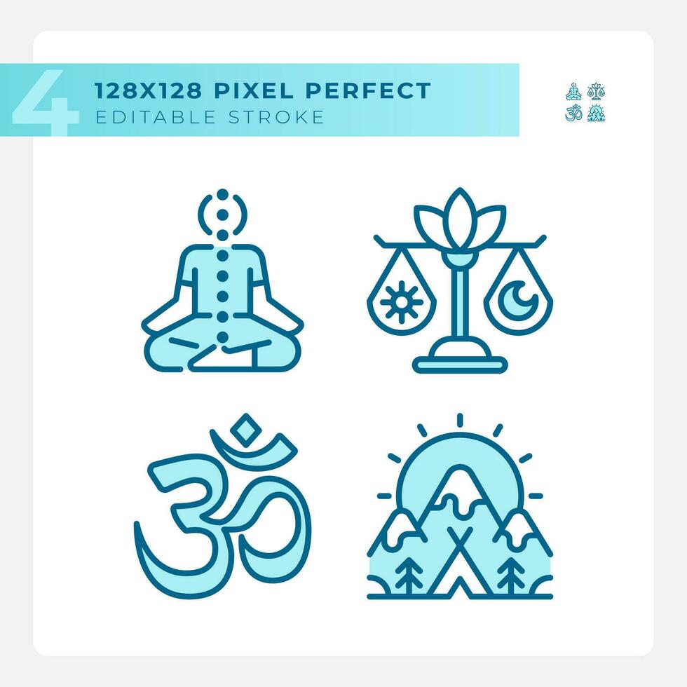 2D blue icons set representing meditation, editable thin linear wellness illustration. vector
