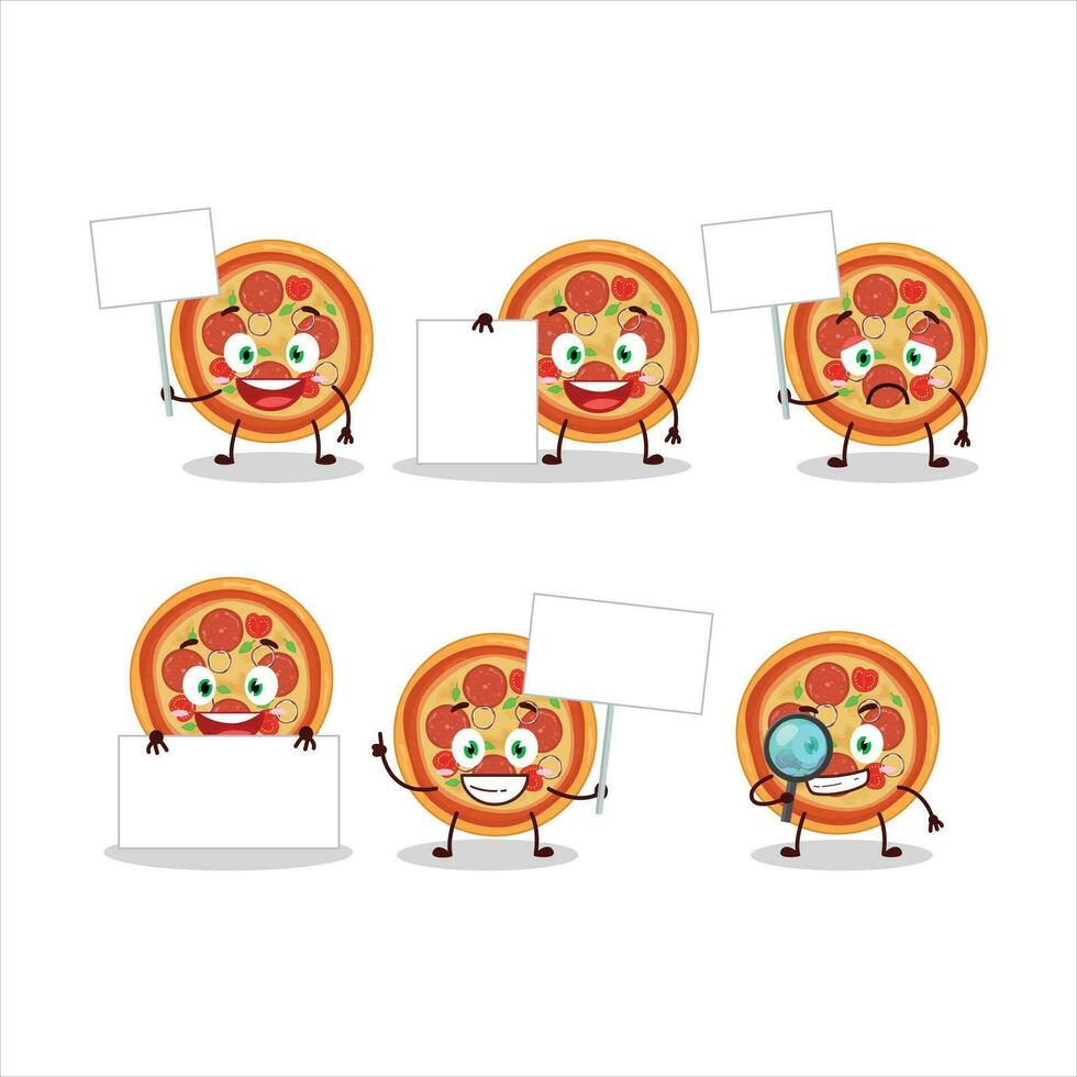 Beef pizza cartoon character bring information board vector