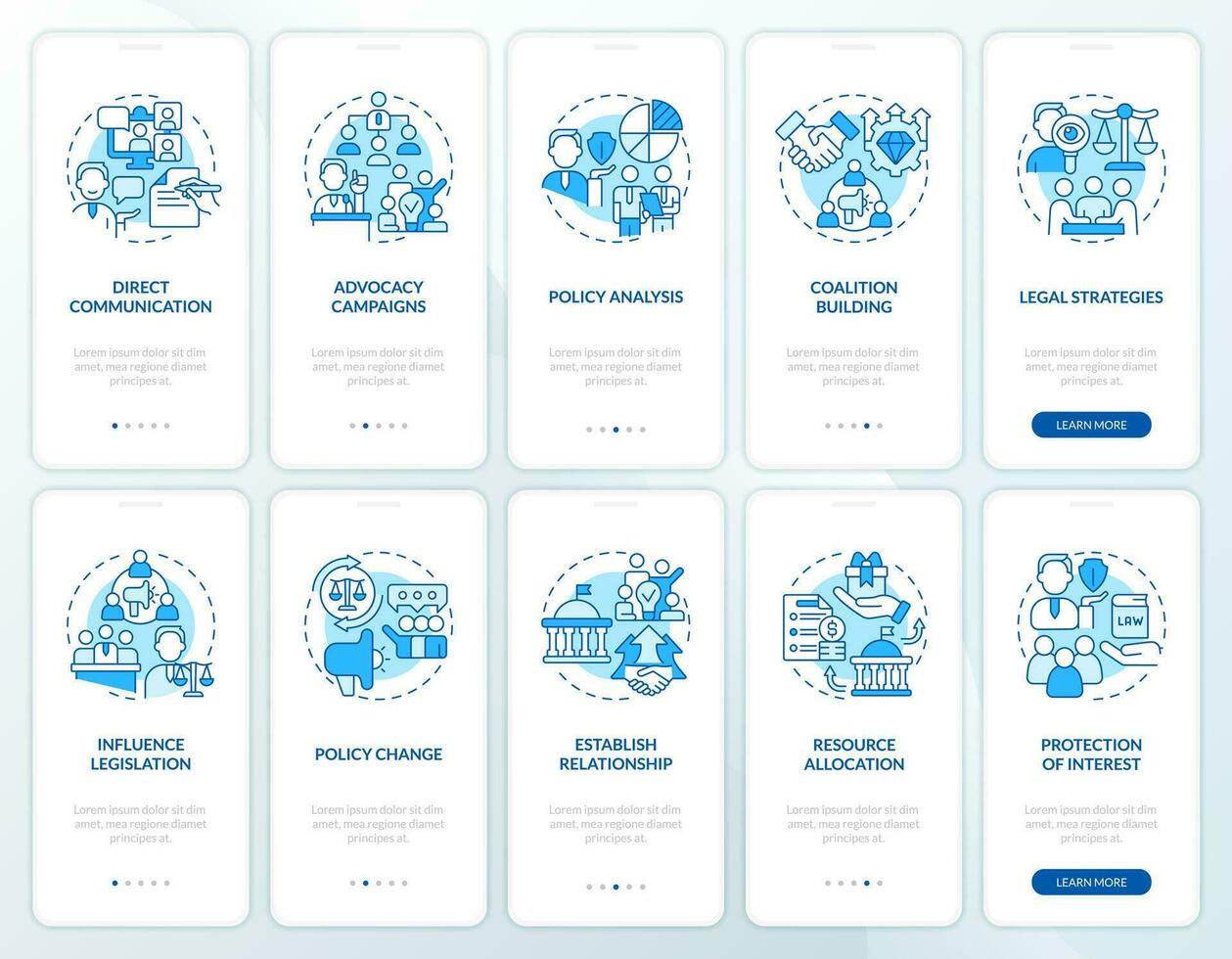 2d íconos representando cabildeo gobierno móvil aplicación pantalla colocar. recorrido 5 5 pasos azul gráfico instrucciones con Delgado línea íconos concepto, ui, ux, gui modelo. vector