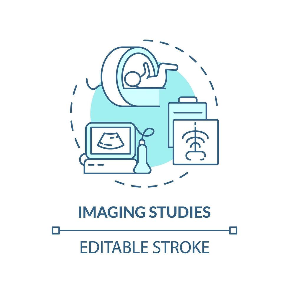 Imaging studies turquoise concept icon. X ray machine. Bone scan. Diagnostic equipment. Pediatric clinic abstract idea thin line illustration. Isolated outline drawing. Editable stroke vector