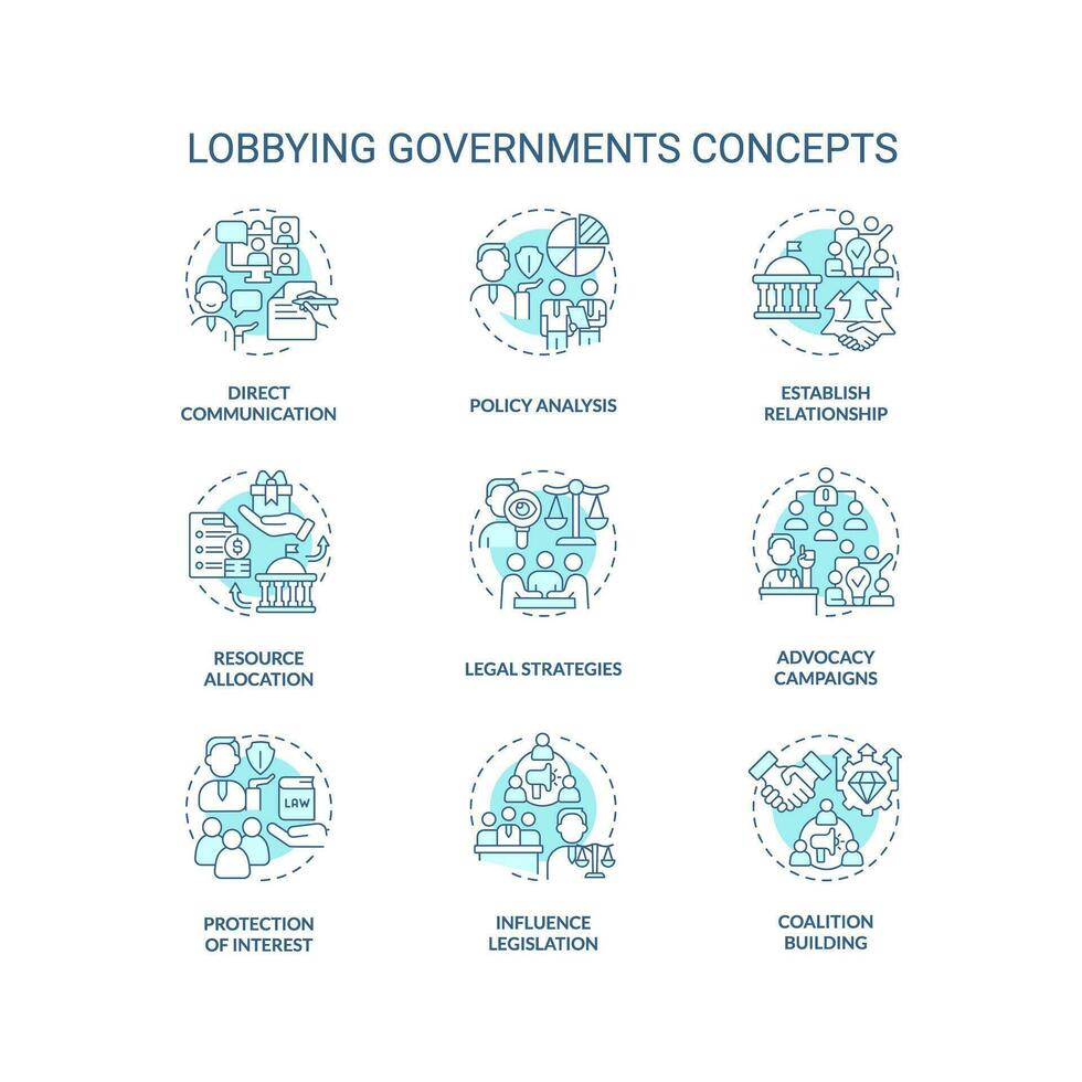 Editable blue icons set representing lobbying government concepts, isolated vector, thin line colorful illustration. vector