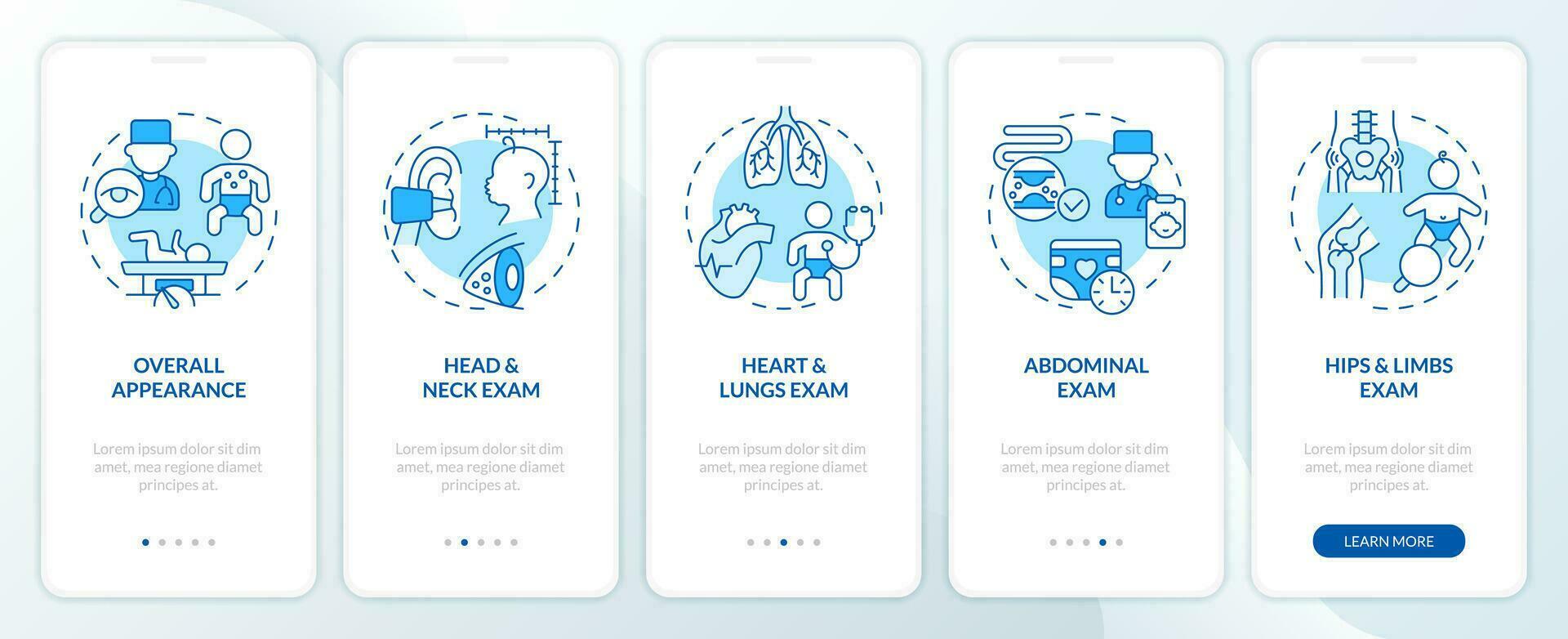 Baby physical exam blue onboarding mobile app screen. Child health walkthrough 5 steps editable graphic instructions with linear concepts. UI, UX, GUI template vector