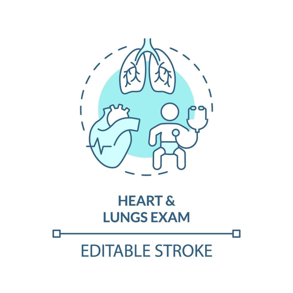 corazón y pulmón examen turquesa concepto icono. cardíaco ritmo. legumbres tasa. respiración sistema. recién nacido cuidado de la salud resumen idea Delgado línea ilustración. aislado contorno dibujo. editable carrera vector