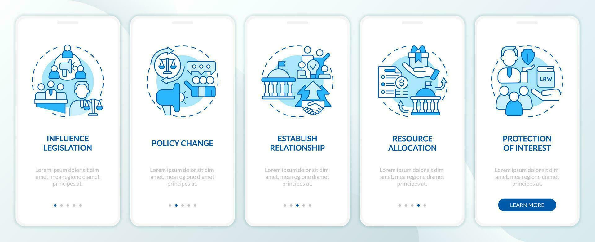 2D blue thin line icons representing lobbying government mobile app screen set. 5 steps graphic instructions, UI, UX, GUI template. vector