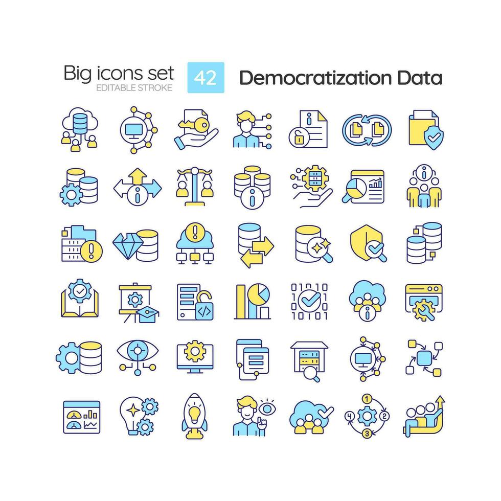 Editable multicolor big icons set representing data democratization, isolated vector, linear illustration. vector
