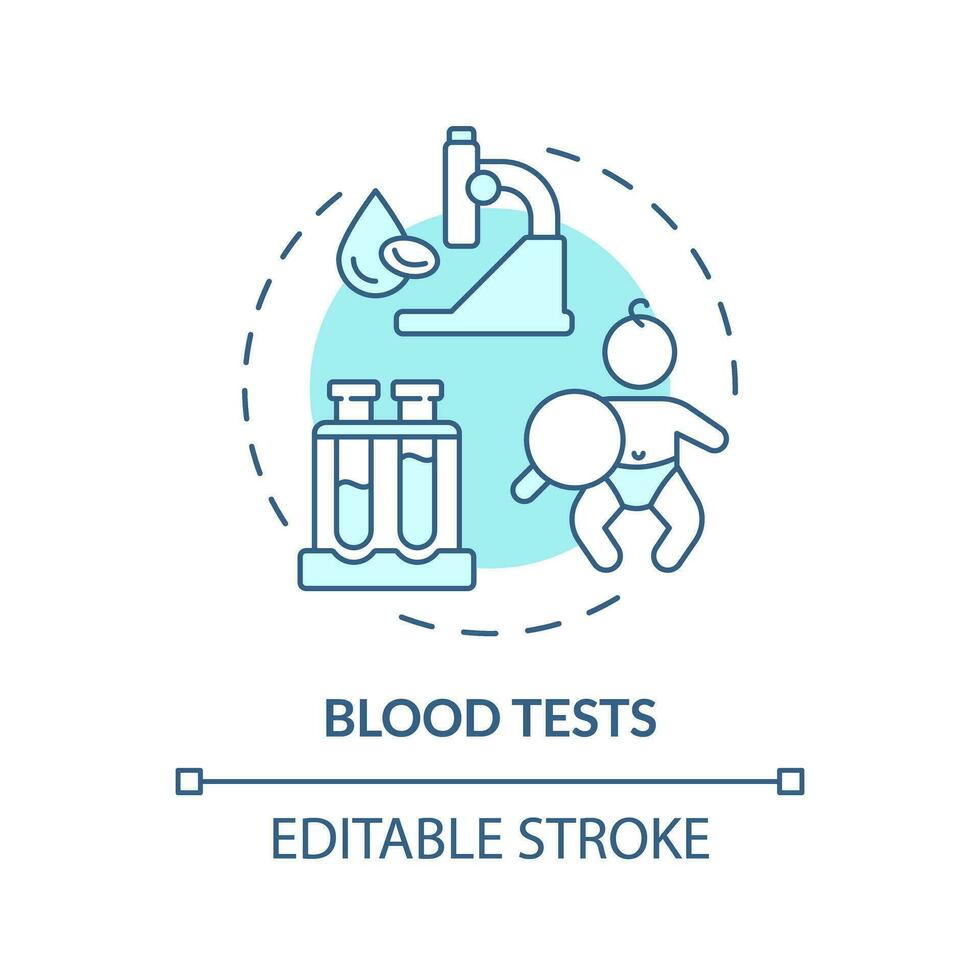 Blood tests turquoise concept icon. Overall health. Laboratory research. Child healthcare. Diagnostic center abstract idea thin line illustration. Isolated outline drawing. Editable stroke vector