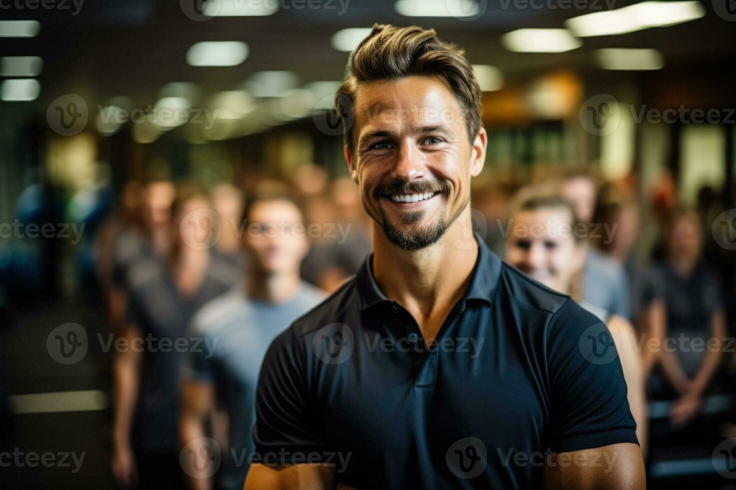 Personal trainer instructing at fitness club background with empty space for text photo