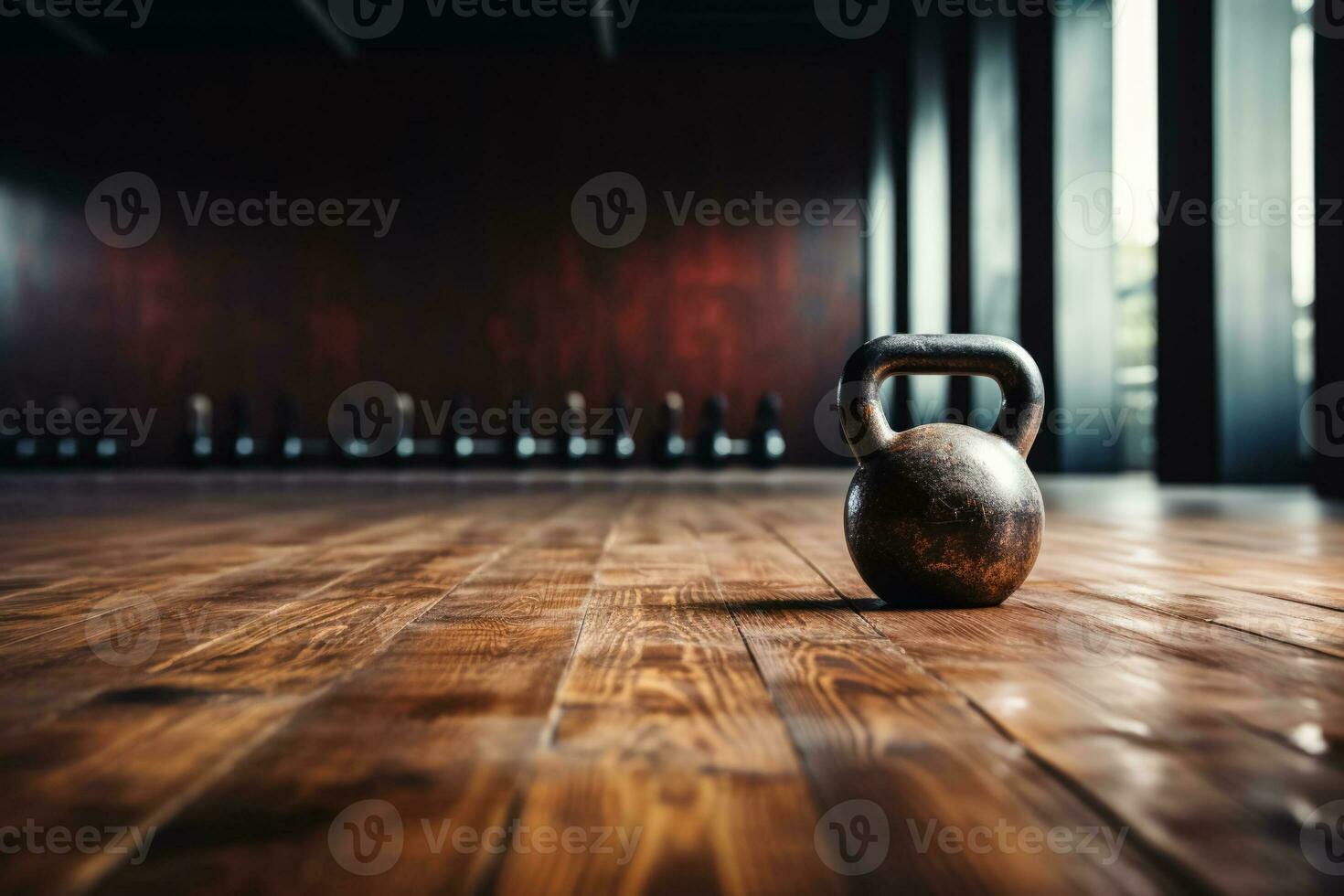 Kettlebells and dumbbells on gym floor background with empty space for text photo