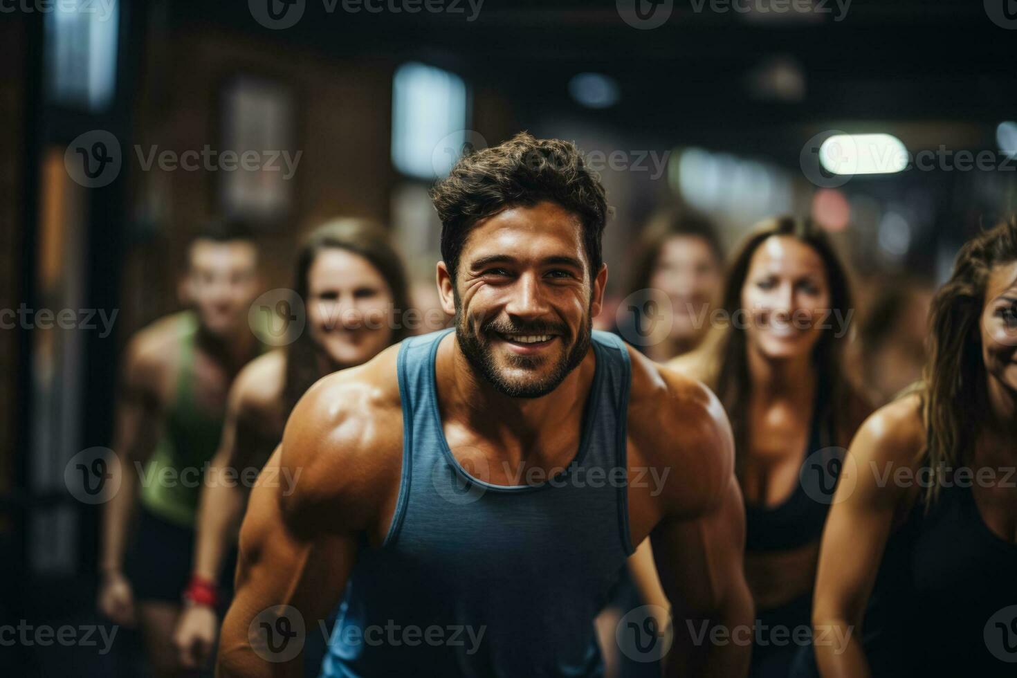CrossFit enthusiasts pushing their limits in a rigorous training session at an urban fitness club photo
