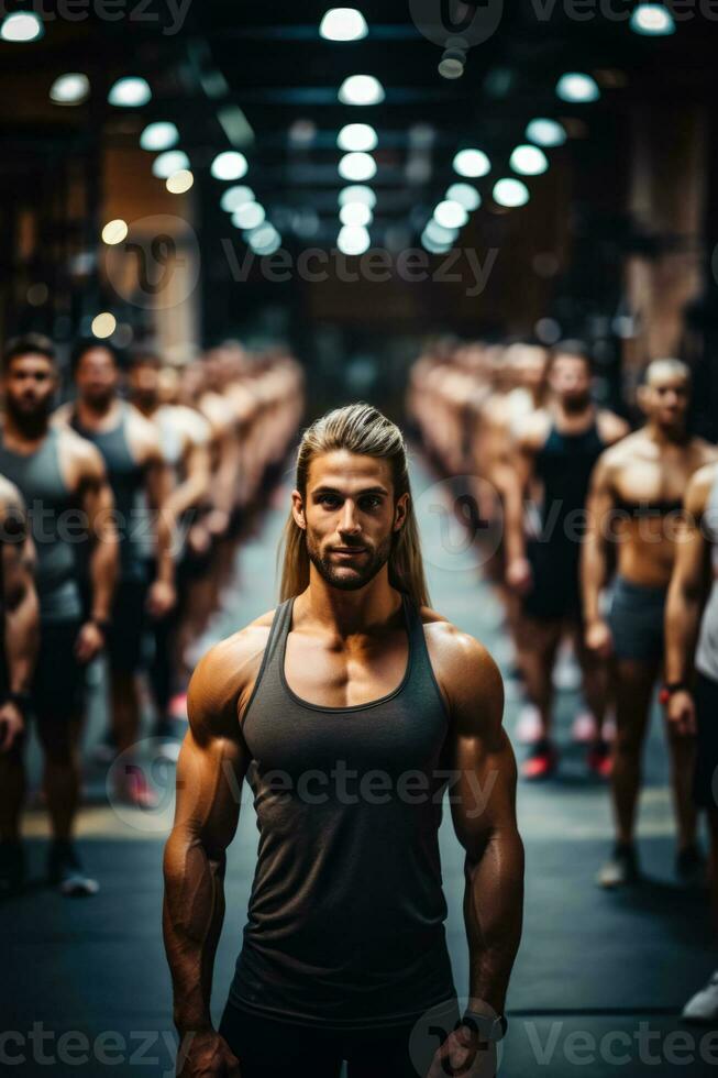 CrossFit athletes lifting weights in a bustling gym background with empty space for text photo