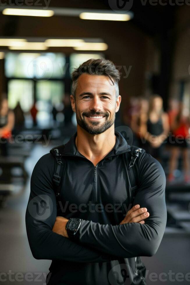 Personal trainer instructing at fitness club background with empty space for text photo