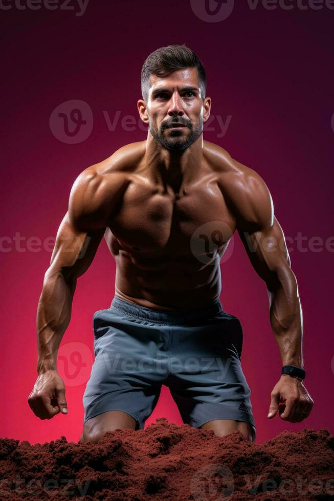 A HIIT participant mid burpee routine isolated on an energetic gradient background photo