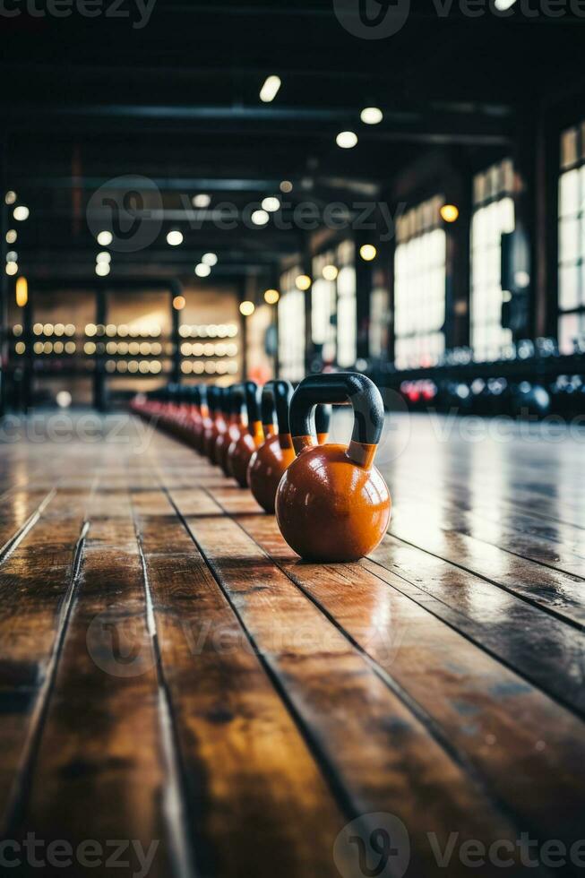 Kettlebells and dumbbells on gym floor background with empty space for text photo