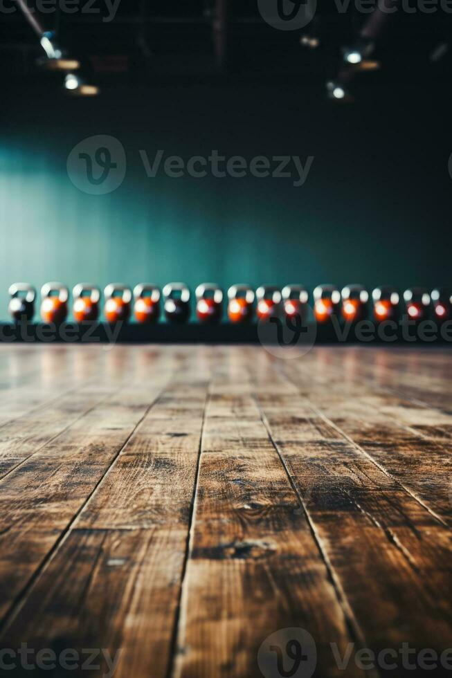 Kettlebells and dumbbells on gym floor background with empty space for text photo