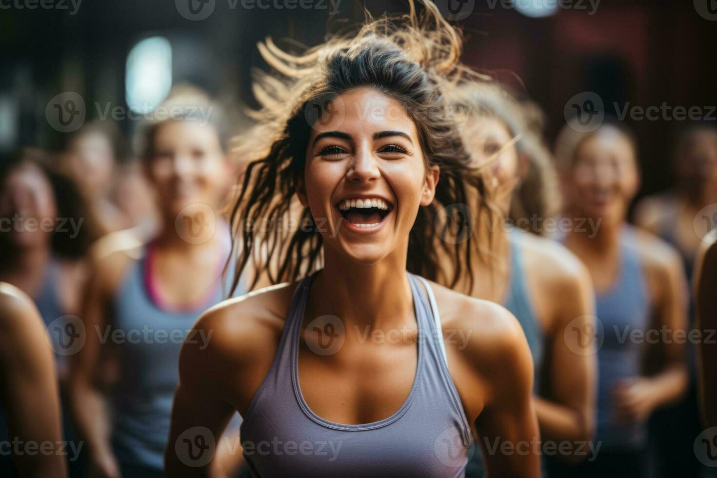 Passionate trainees engaged in high intensity interval training in a lively fitness club scene photo