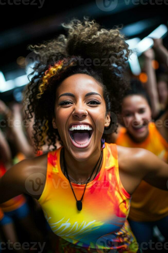 Zumba enthusiasts showcasing their energetic moves in a vibrant rhythmic fitness club setting photo