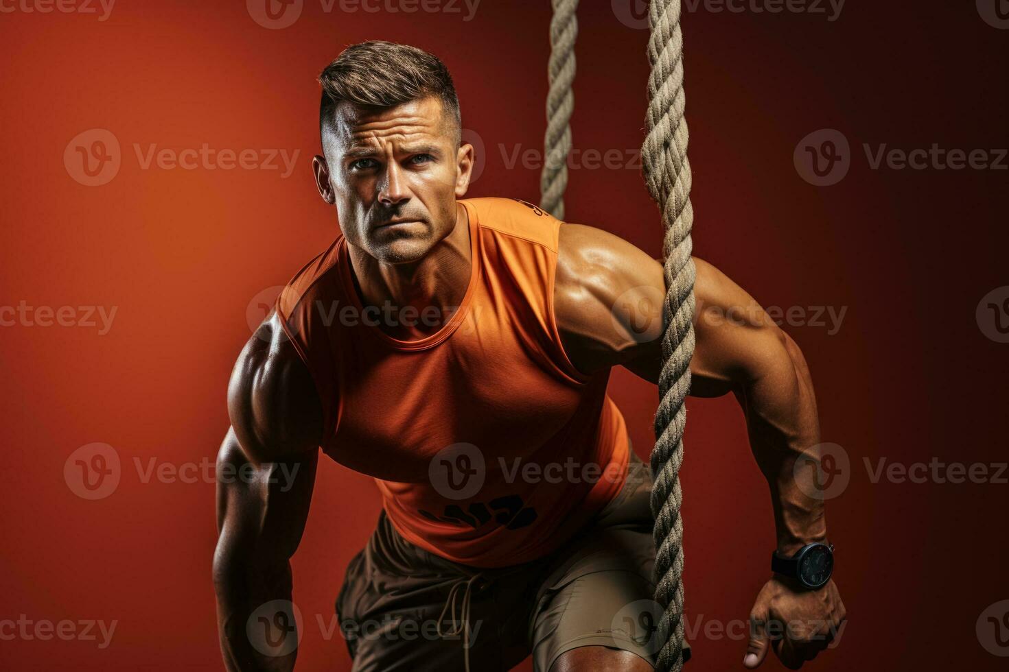 A CrossFit athlete doing rope climbs isolated on a bold gradient background photo