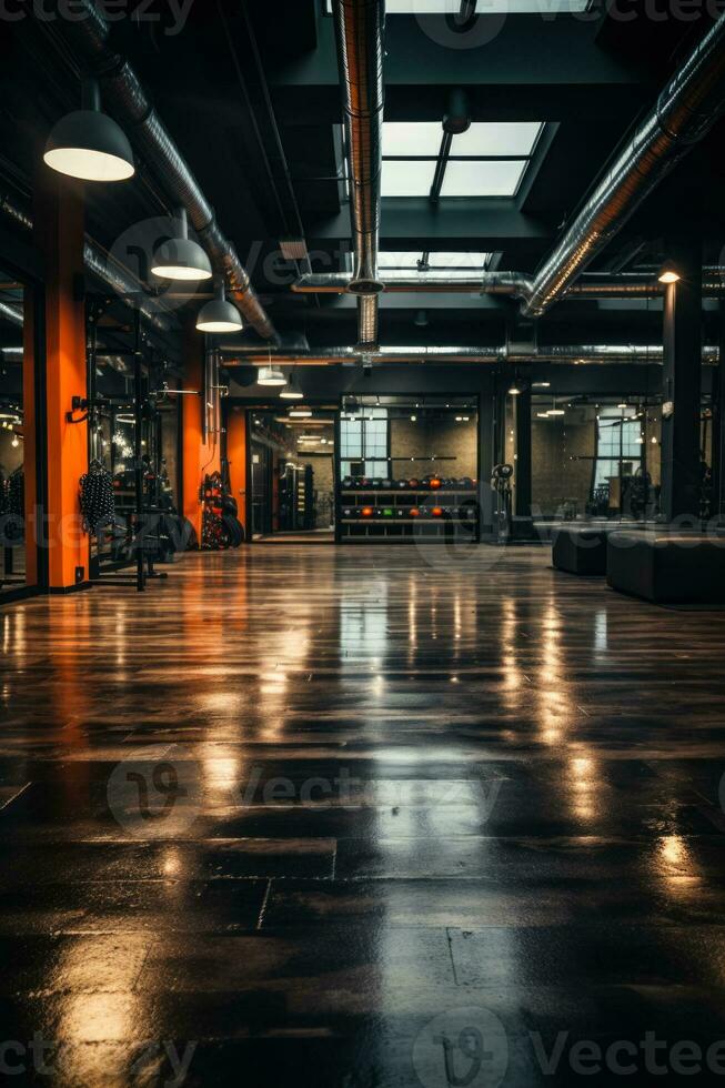 HIIT session happening in modern gym setting background with empty space for text photo