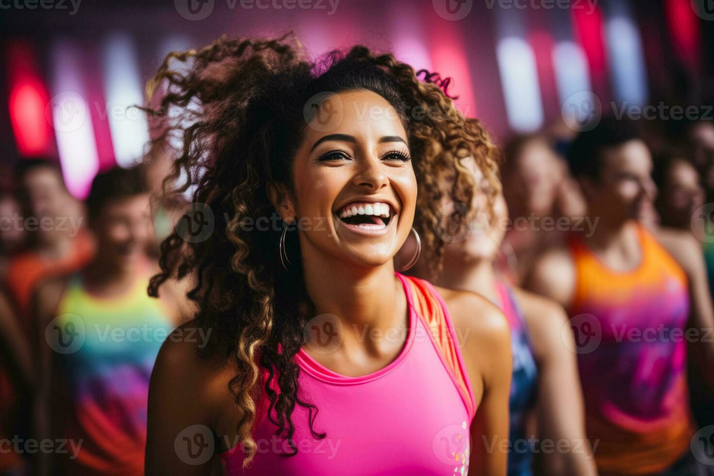 Vibrant Zumba dance fitness class in action at a bustling modern fitness club photo