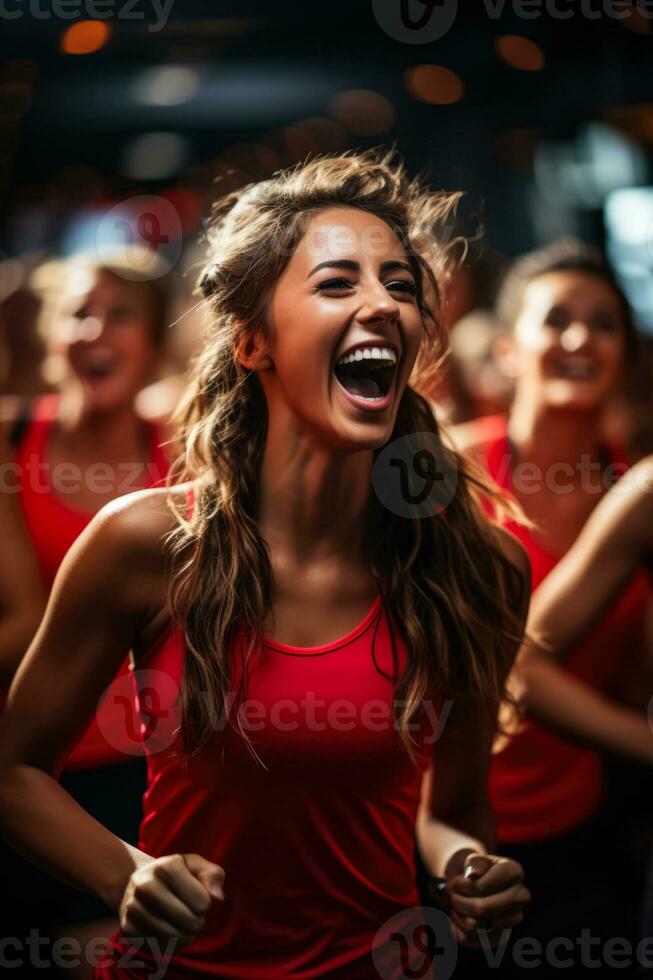 Passionate trainees engaged in high intensity interval training in a lively fitness club scene photo