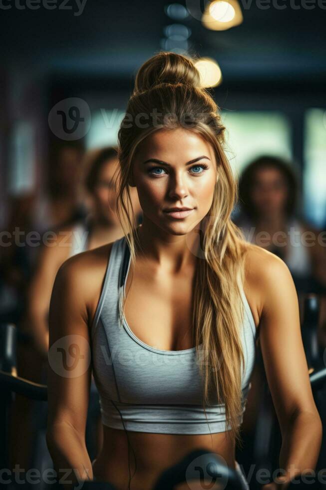 Determined individuals committed to vigorous spinning class in a vibrant fitness club photo