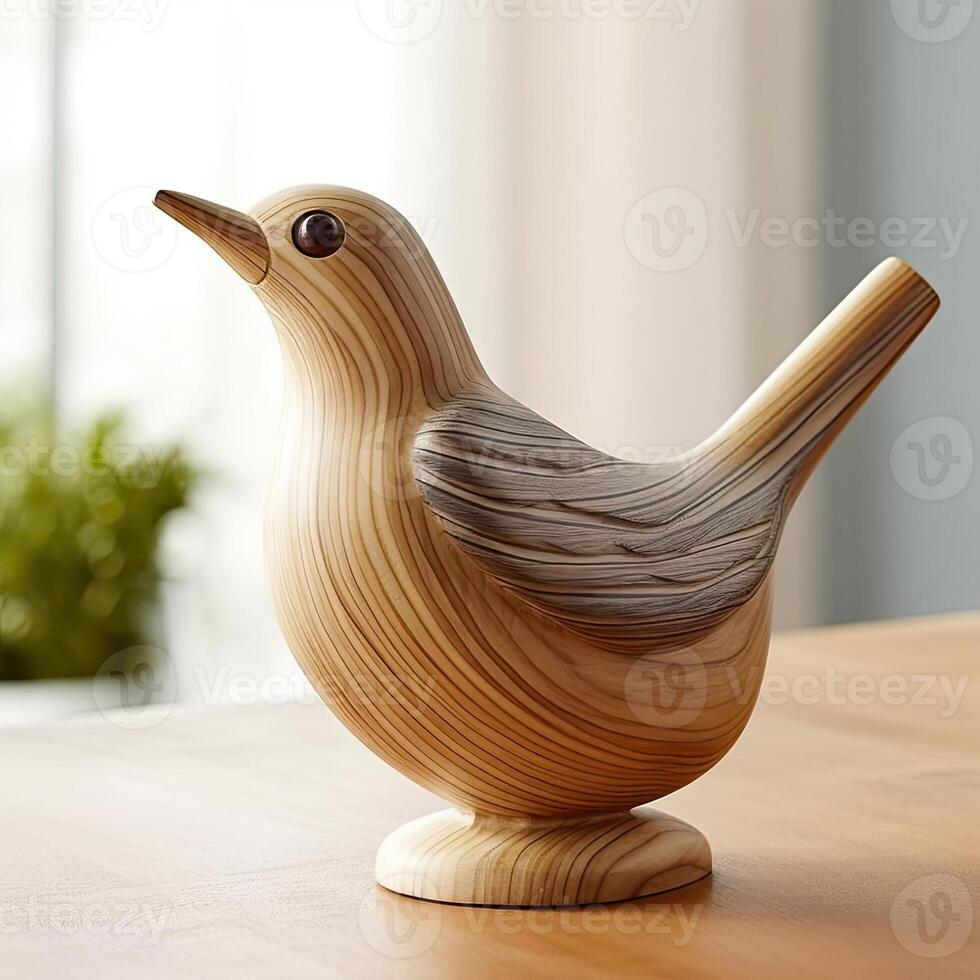 a wooden bird sitting on top of table photo