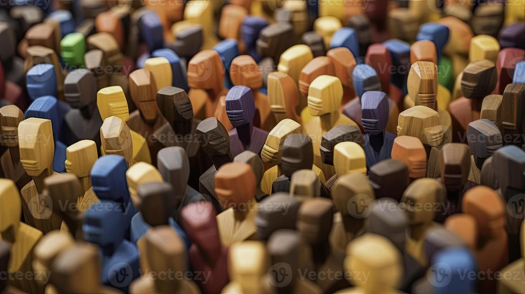 a group of wooden people standing in row together photo