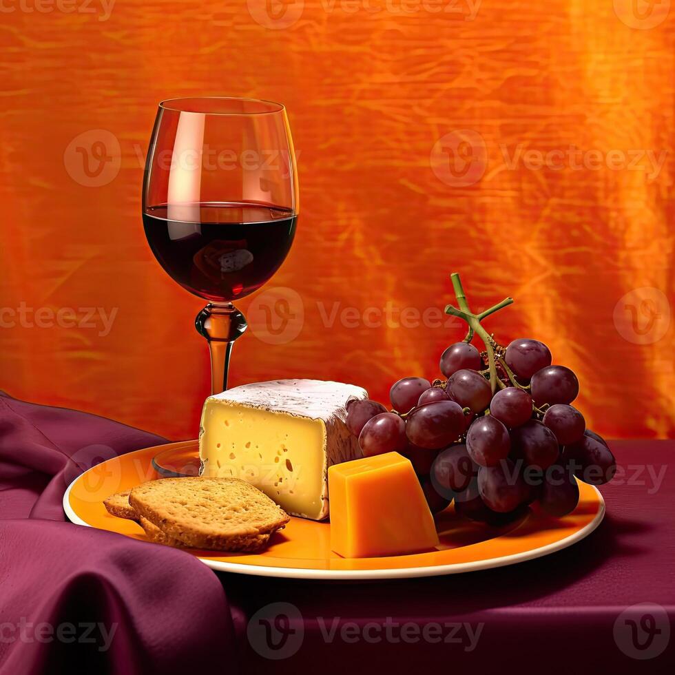 a plate of cheese, bread, and grapes with a glass of wine on the table photo