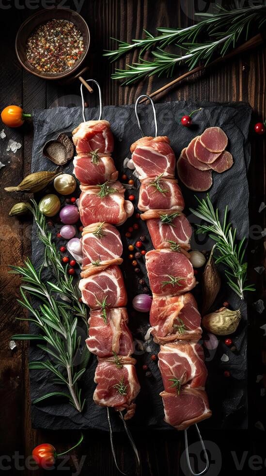 A table topped with meat and vegetables on top of black plate knife fork next to it photo