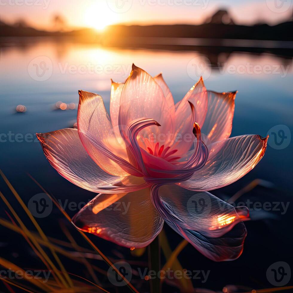 a pink flower sitting on top of lake photo