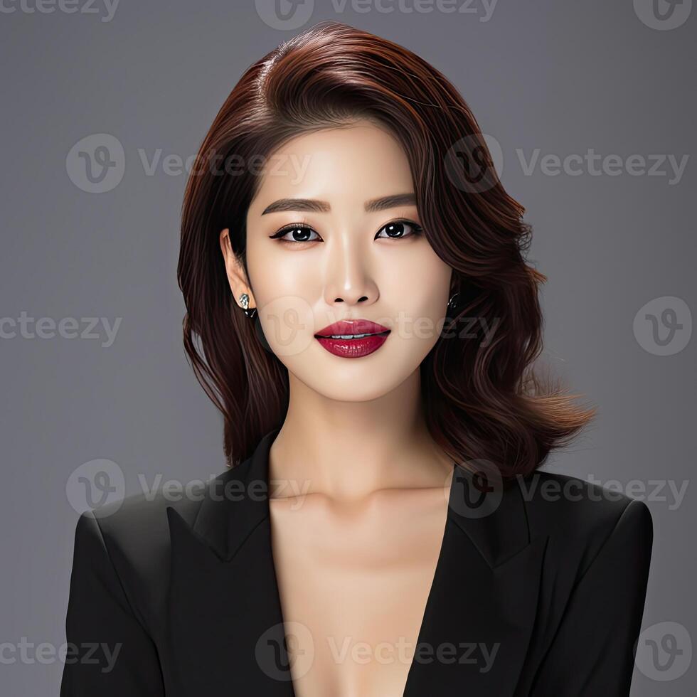 A woman with a black suit and red lipstick on her face photo
