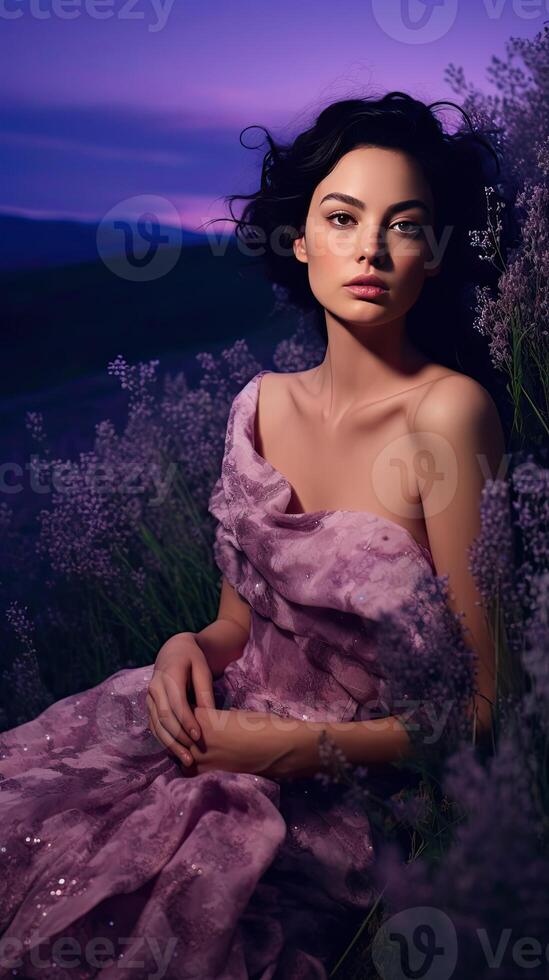 a woman in dress sitting field of flowers at night with purple sky behind her photo